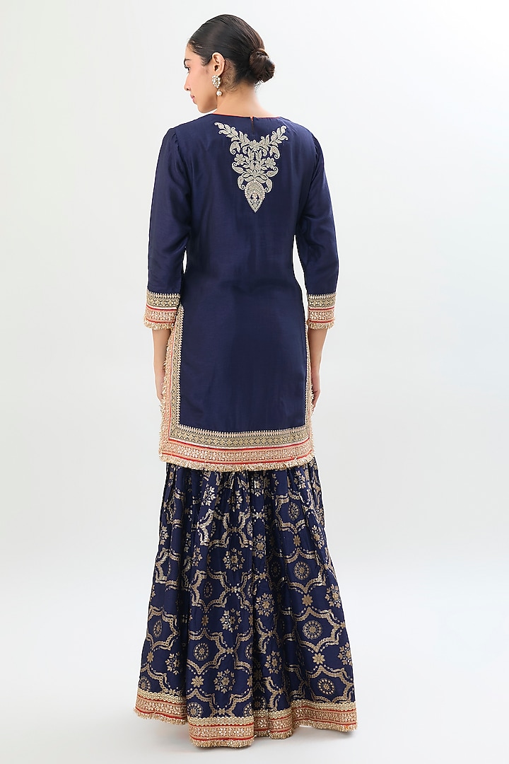 Navy Blue Brocade Gold Embroidered Wedding Sharara Set by Gopi Vaid at Pernia's Pop Up Shop
