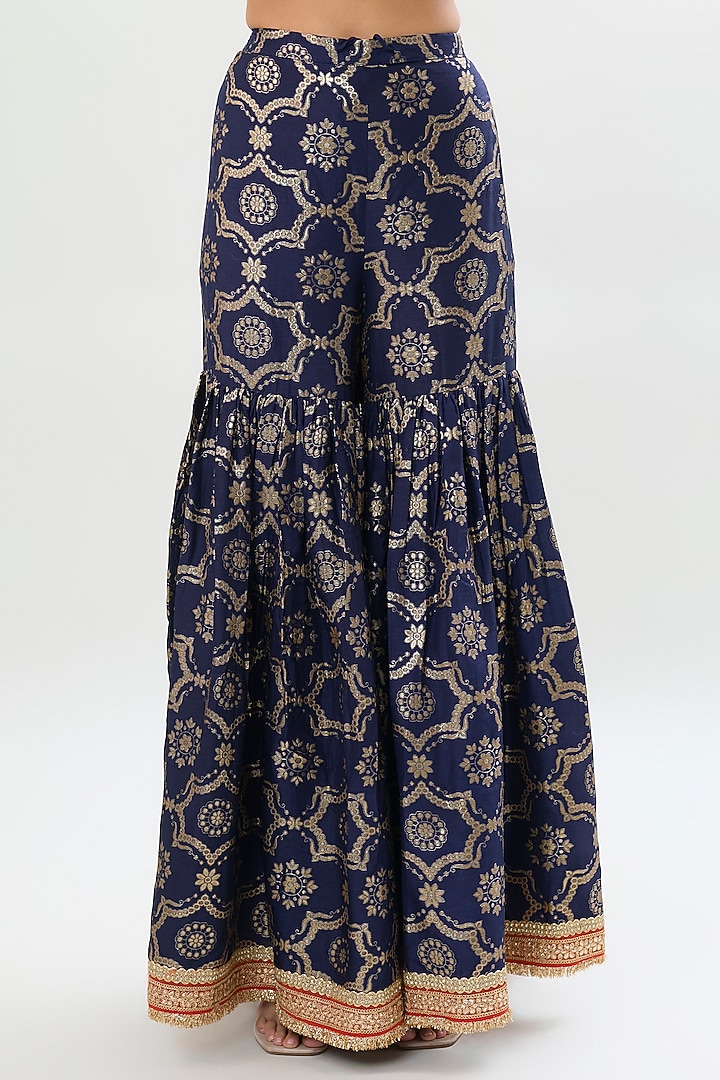 Navy Blue Brocade Gold Embroidered Wedding Sharara Set by Gopi Vaid at Pernia's Pop Up Shop