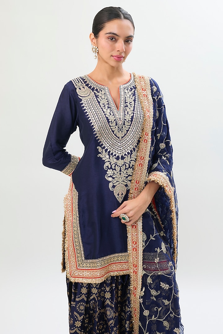 Navy Blue Brocade Gold Embroidered Wedding Sharara Set by Gopi Vaid at Pernia's Pop Up Shop