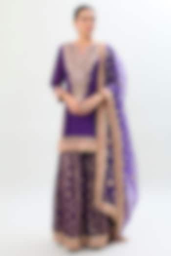 Purple Brocade Gold Embroidered Wedding Sharara Set by Gopi Vaid at Pernia's Pop Up Shop