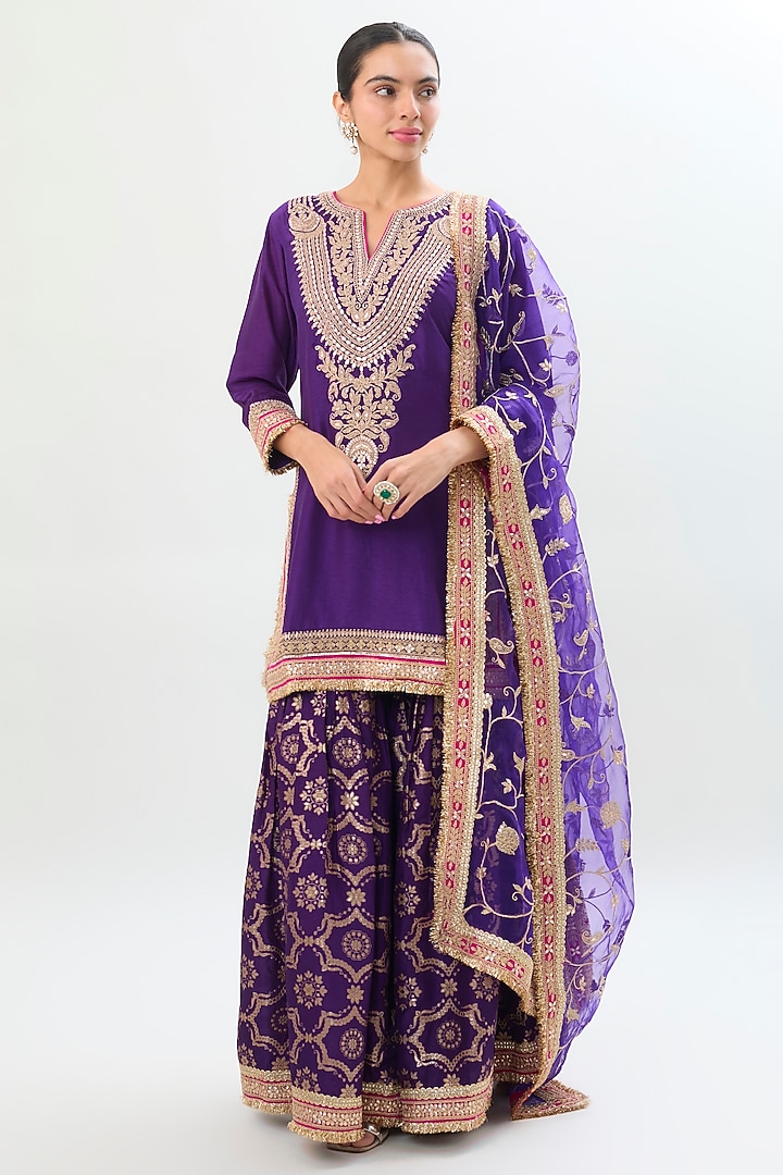 Purple Brocade Gold Embroidered Wedding Sharara Set by Gopi Vaid at Pernia's Pop Up Shop