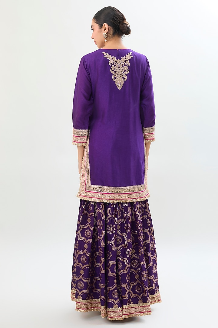 Purple Brocade Gold Embroidered Wedding Sharara Set by Gopi Vaid at Pernia's Pop Up Shop
