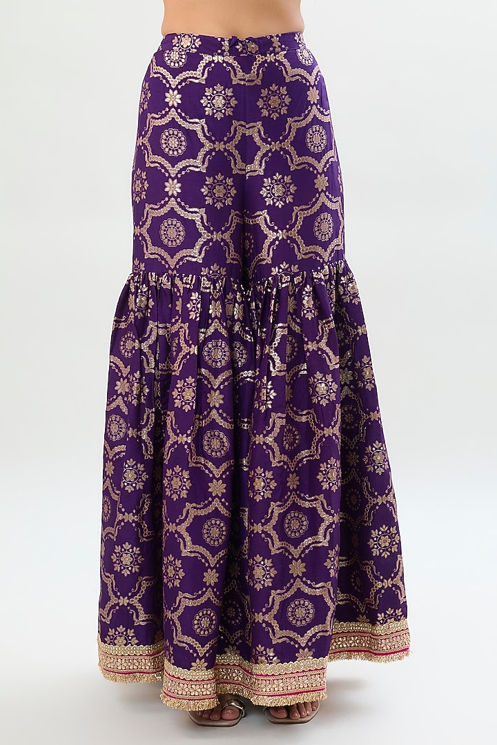 Purple Brocade Gold Embroidered Wedding Sharara Set by Gopi Vaid at Pernia's Pop Up Shop