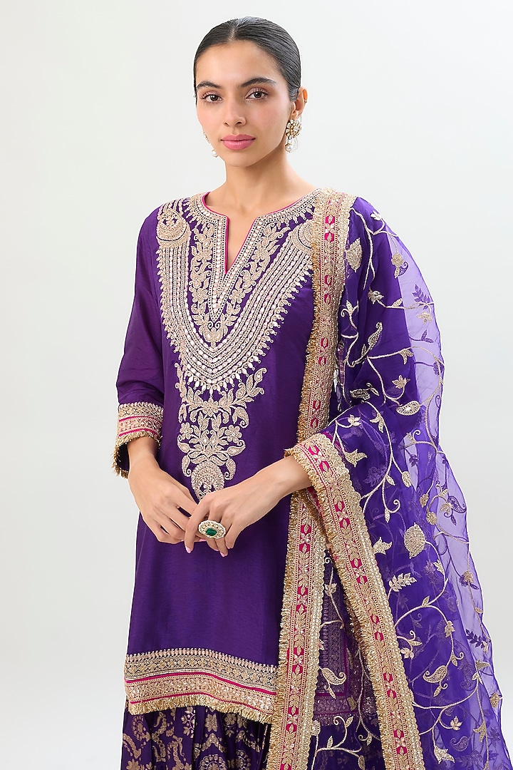 Purple Brocade Gold Embroidered Wedding Sharara Set by Gopi Vaid at Pernia's Pop Up Shop