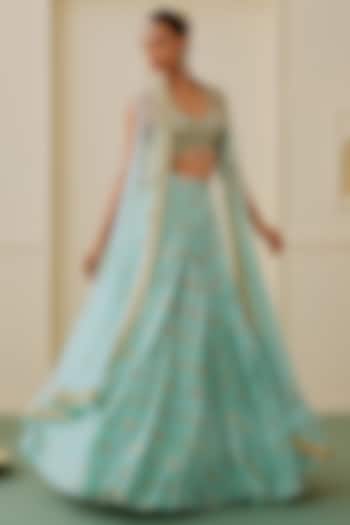 Ice Blue Brocade Hand Embellished Jacket Wedding Lehenga Set by GOPI VAID at Pernia's Pop Up Shop