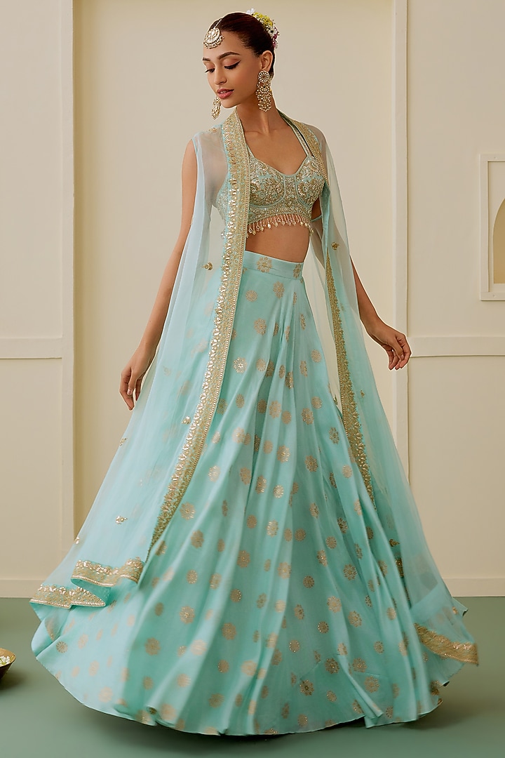 Ice Blue Brocade Hand Embellished Jacket Wedding Lehenga Set by GOPI VAID at Pernia's Pop Up Shop