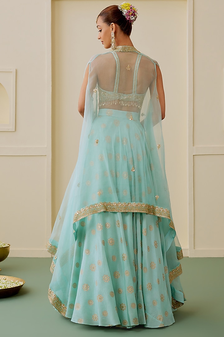 Ice Blue Brocade Hand Embellished Jacket Wedding Lehenga Set by GOPI VAID at Pernia's Pop Up Shop
