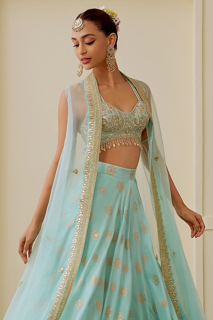 Ice Blue Brocade Hand Embellished Jacket Wedding Lehenga Set by GOPI VAID at Pernia's Pop Up Shop