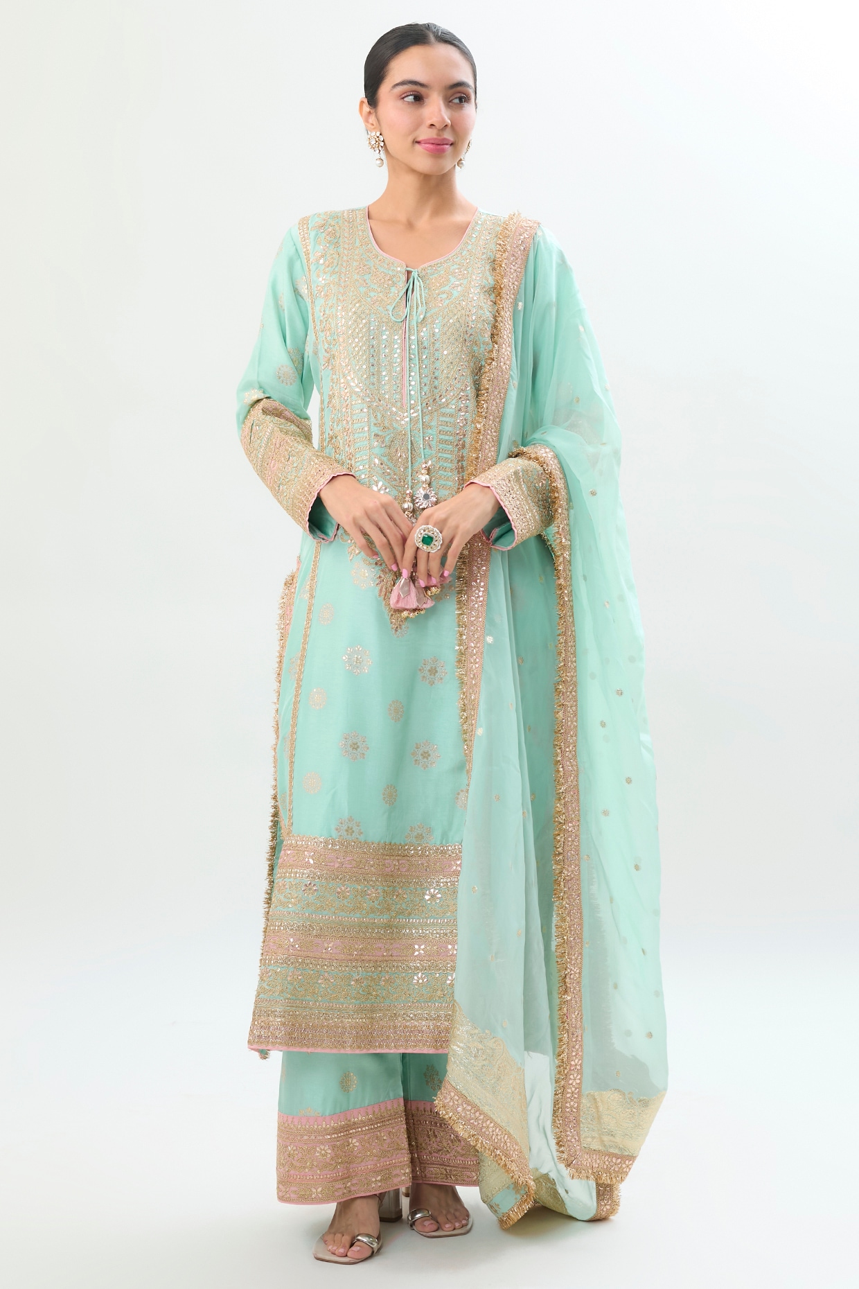 Gopi Vaid Ice Blue Brocade Zari Embroidered Kurta Set