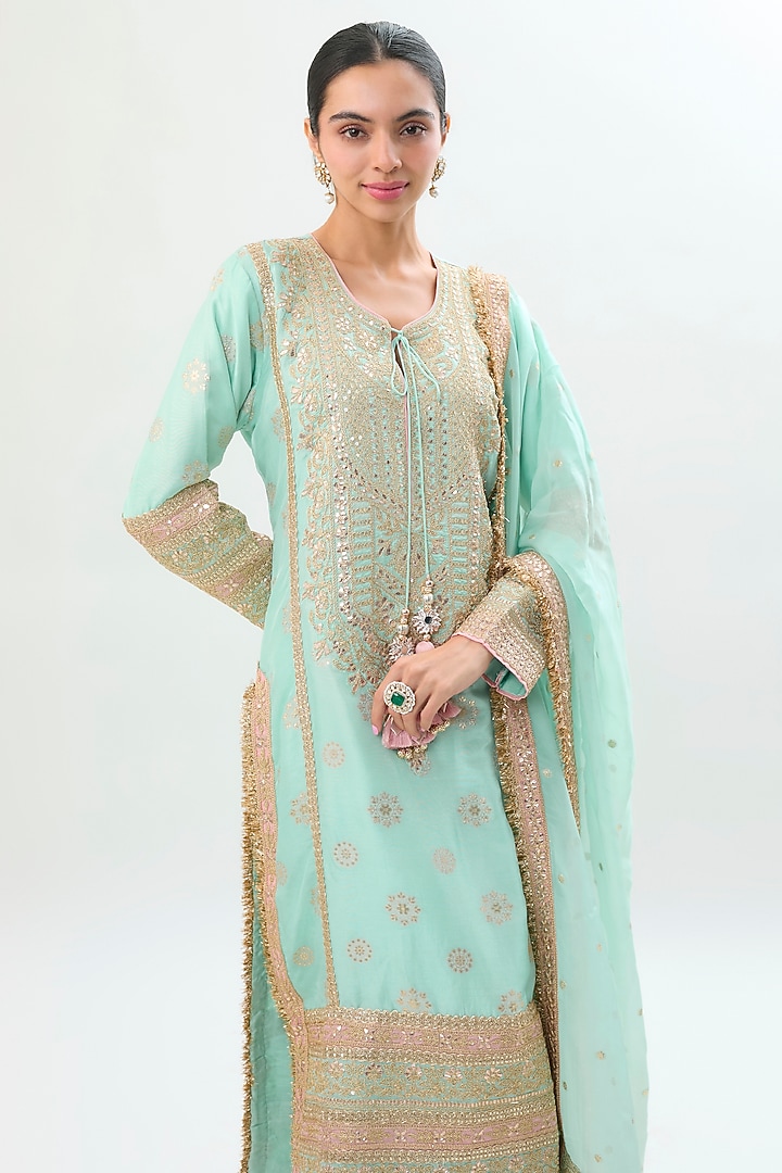 Ice Blue Brocade Zari Embroidered Kurta Set by Gopi Vaid at Pernia's Pop Up Shop