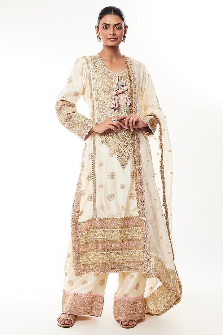 Ivory Brocade Zari Embroidered Kurta Set by GOPI VAID at Pernia's Pop Up Shop