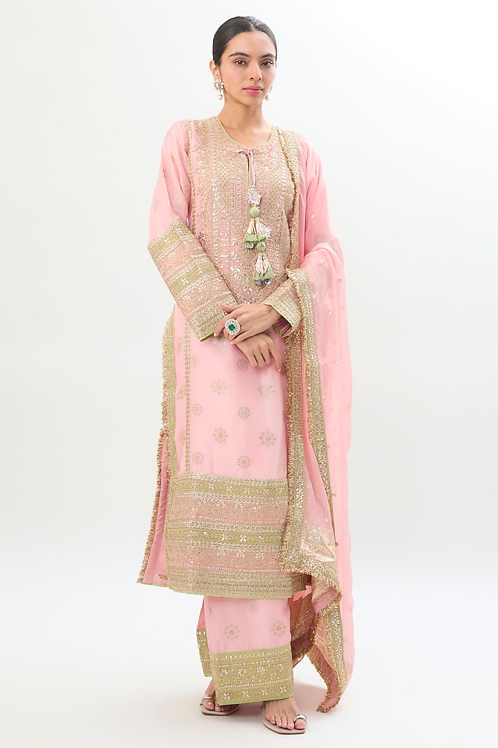 Pastel Pink Brocade Zari Embroidered Kurta Set by Gopi Vaid at Pernia's Pop Up Shop