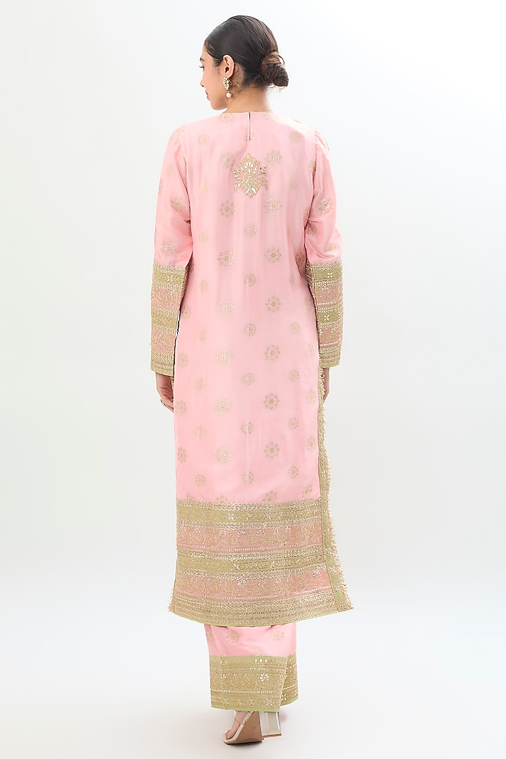 Pastel Pink Brocade Zari Embroidered Kurta Set by Gopi Vaid at Pernia's Pop Up Shop