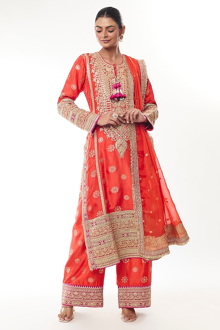 Orange Brocade Zari Embroidered Kurta Set by GOPI VAID at Pernia's Pop Up Shop
