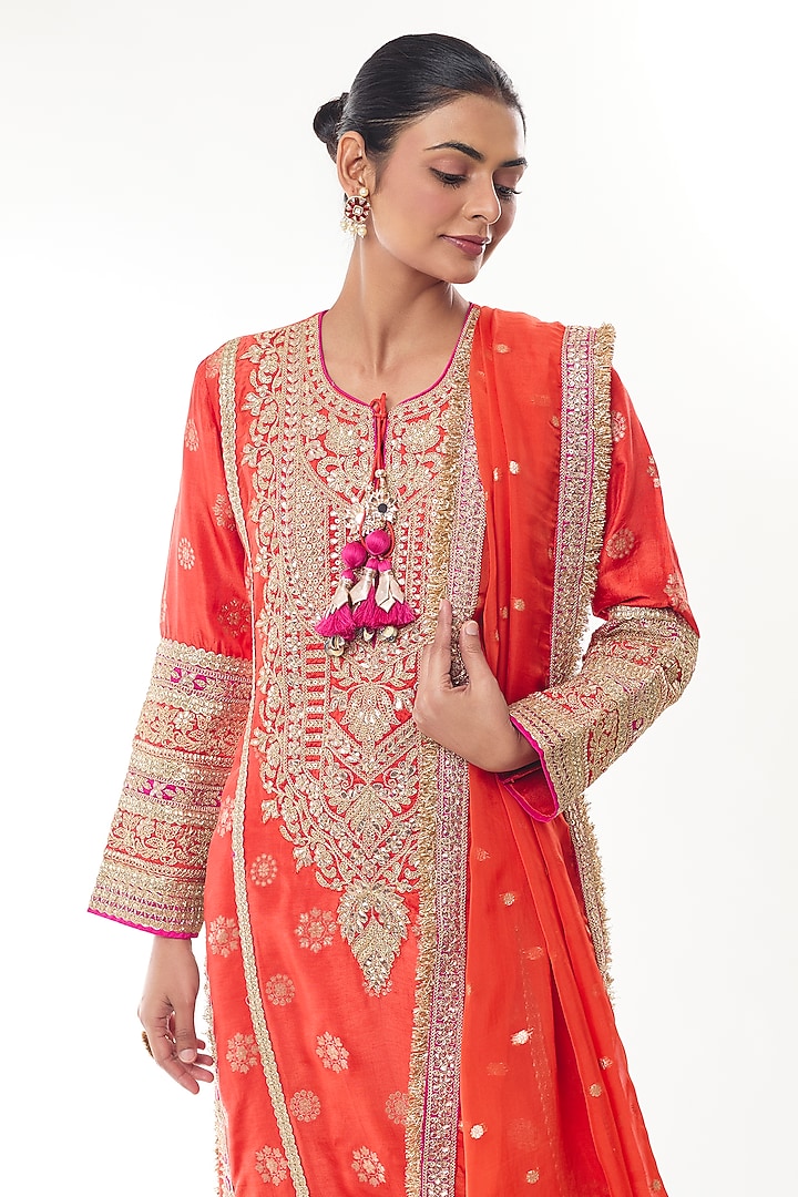 Orange Brocade Zari Embroidered Kurta Set by GOPI VAID at Pernia's Pop Up Shop
