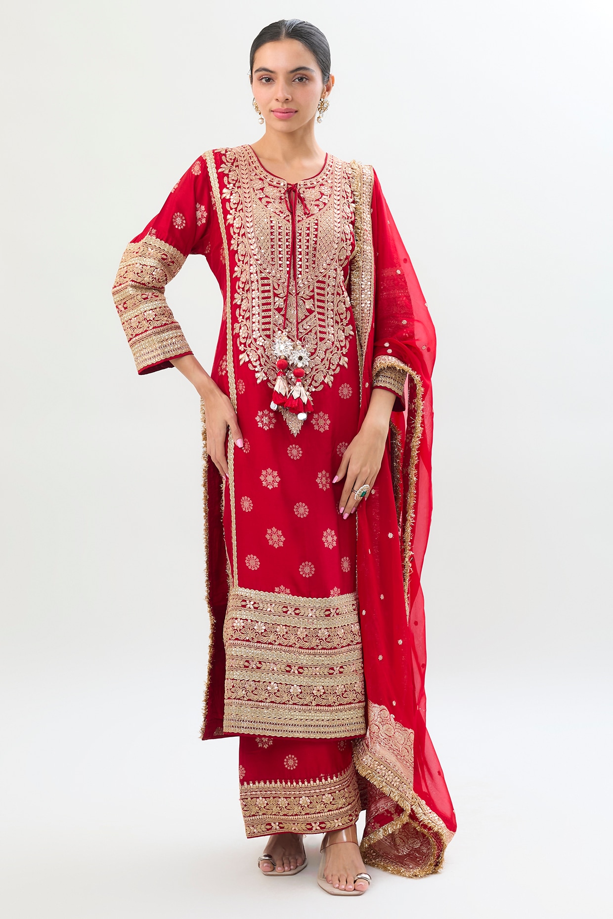 Gopi Vaid Red Brocade Zari Embroidered Kurta Set