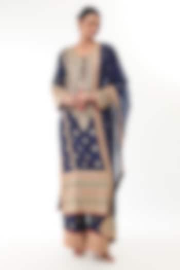 Navy Blue Brocade Zari Embroidered Kurta Set by GOPI VAID at Pernia's Pop Up Shop