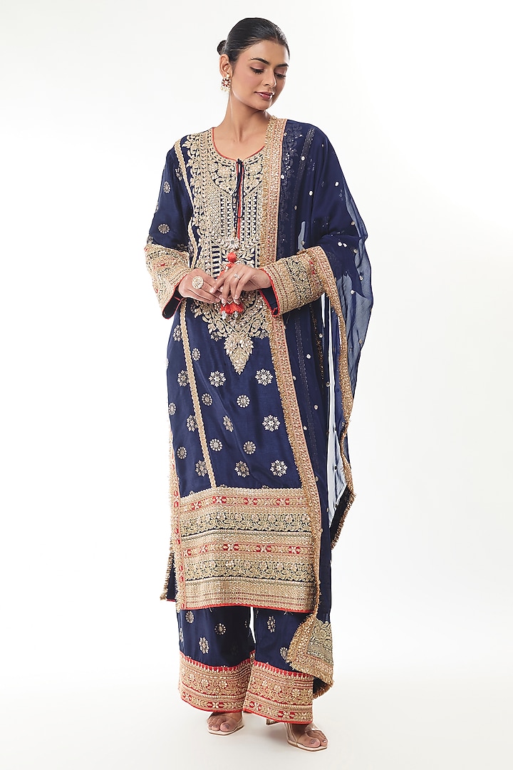 Navy Blue Brocade Zari Embroidered Kurta Set by GOPI VAID at Pernia's Pop Up Shop