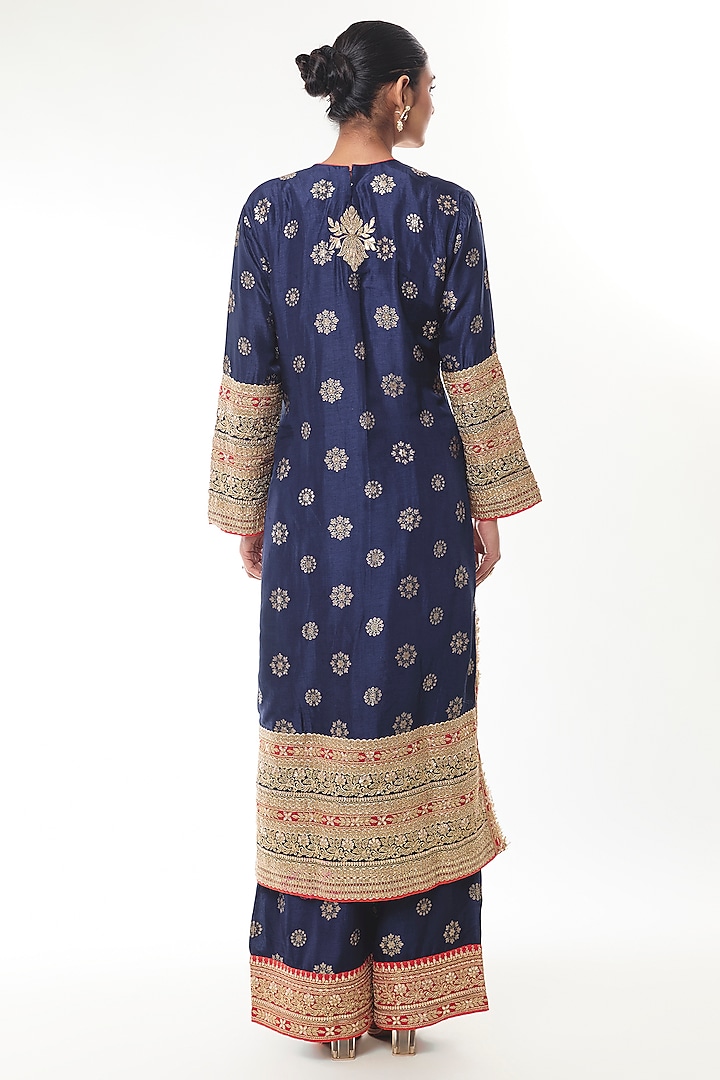 Navy Blue Brocade Zari Embroidered Kurta Set by GOPI VAID at Pernia's Pop Up Shop