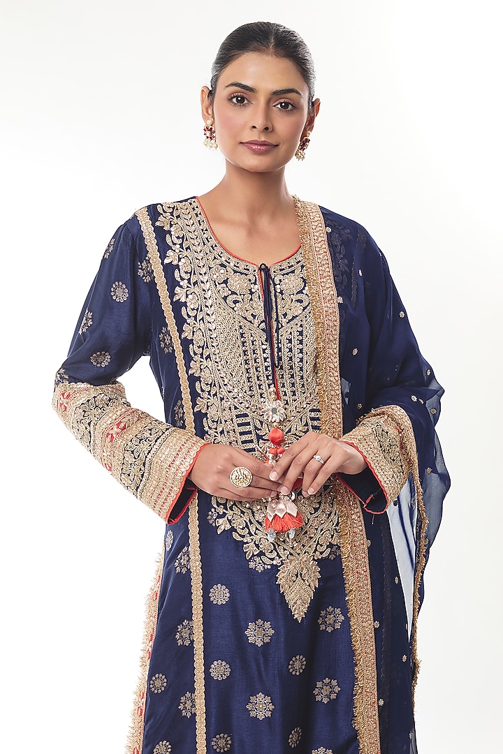 Navy Blue Brocade Zari Embroidered Kurta Set by GOPI VAID at Pernia's Pop Up Shop