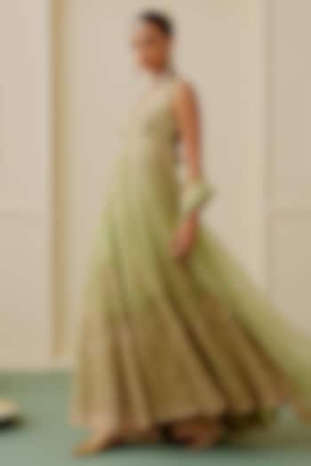 Pista Green Georgette Sequin Embellished Bridal Anarkali Set by GOPI VAID at Pernia's Pop Up Shop