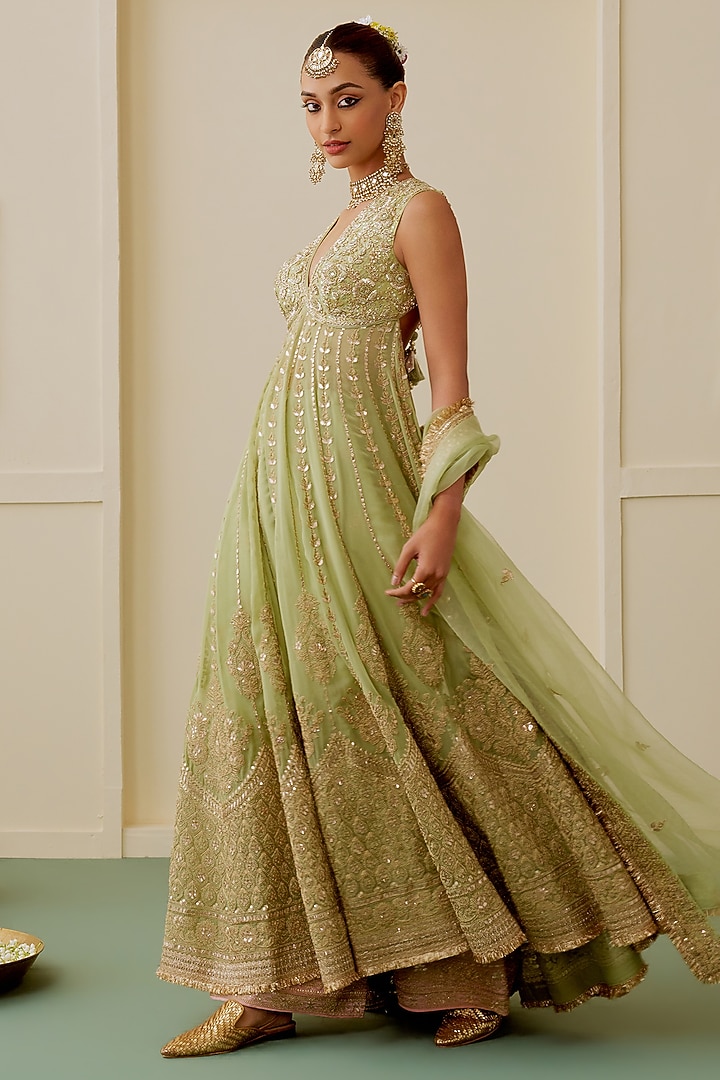 Pista Green Georgette Sequin Embellished Bridal Anarkali Set by GOPI VAID at Pernia's Pop Up Shop