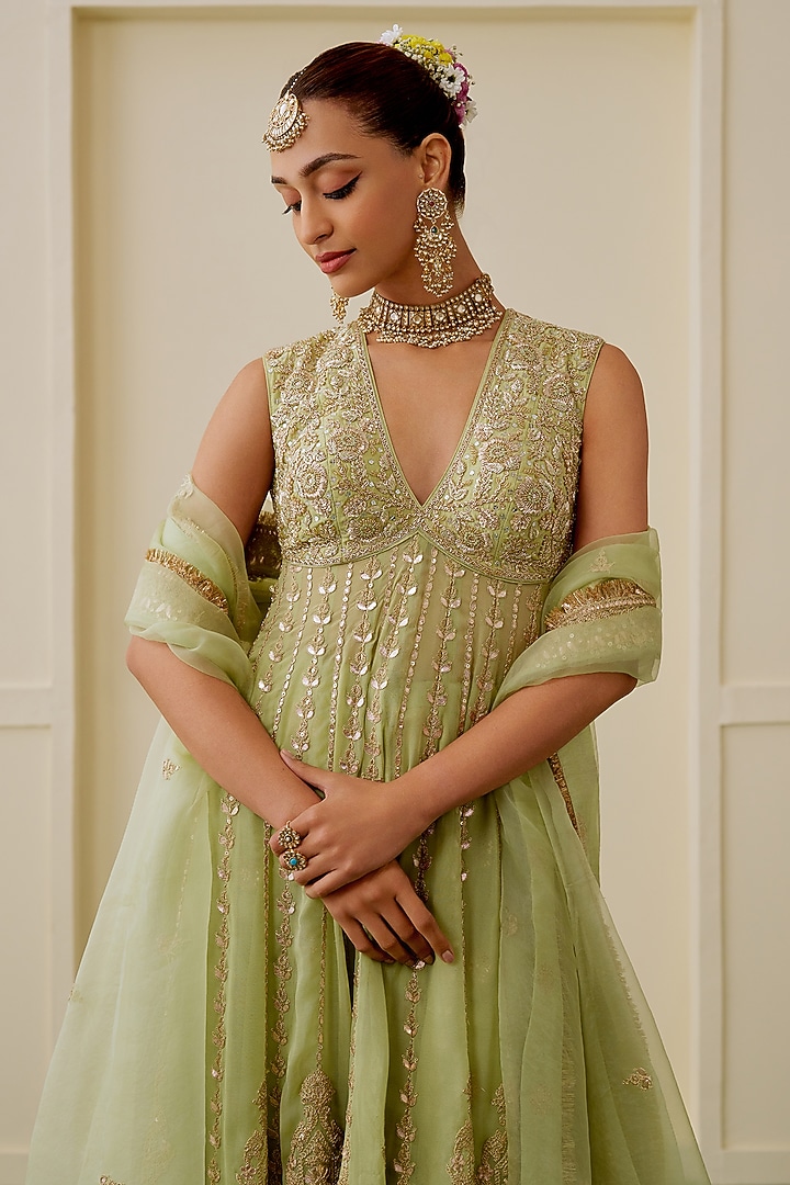 Pista Green Georgette Sequin Embellished Bridal Anarkali Set by GOPI VAID at Pernia's Pop Up Shop