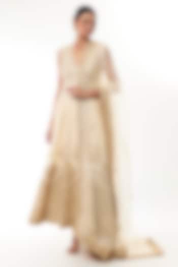 Ivory Georgette Sequin Embroidered Bridal Anarkali Set by GOPI VAID at Pernia's Pop Up Shop