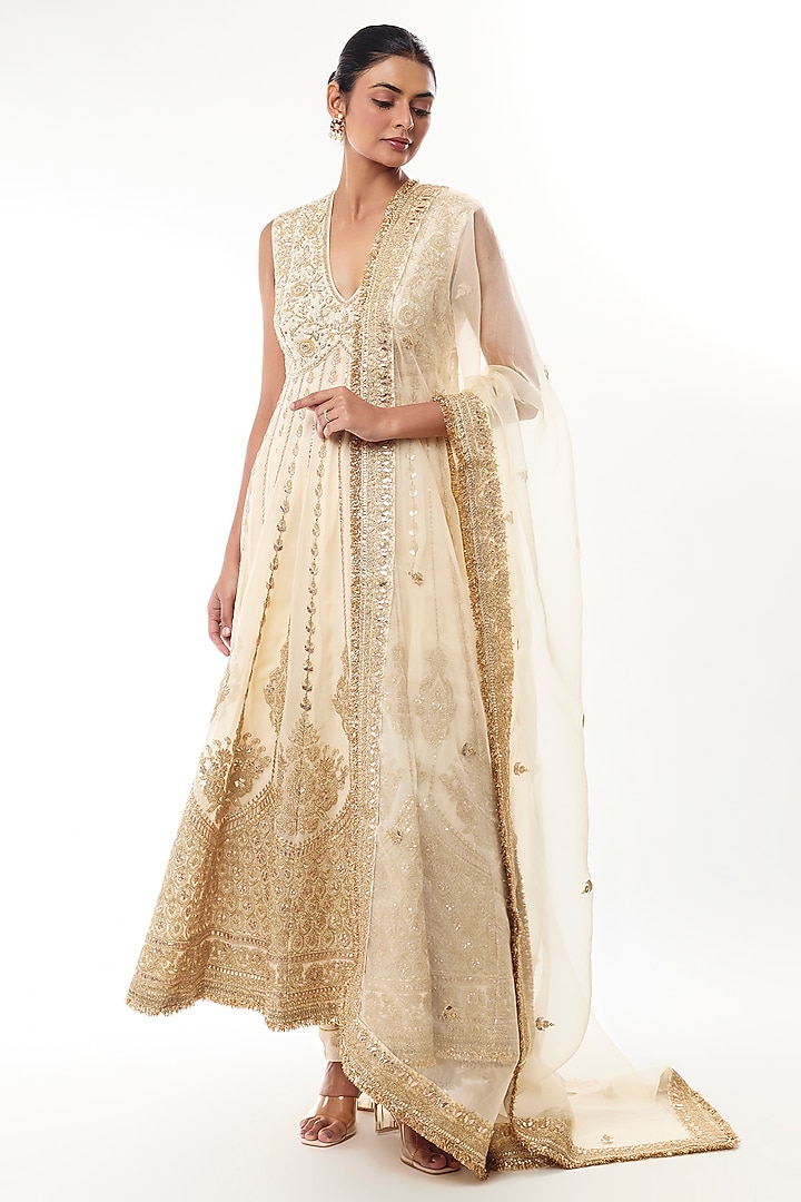 Ivory Georgette Sequin Embroidered Bridal Anarkali Set by GOPI VAID at Pernia's Pop Up Shop