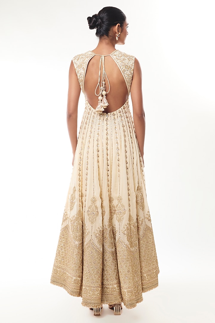 Ivory Georgette Sequin Embroidered Bridal Anarkali Set by GOPI VAID at Pernia's Pop Up Shop