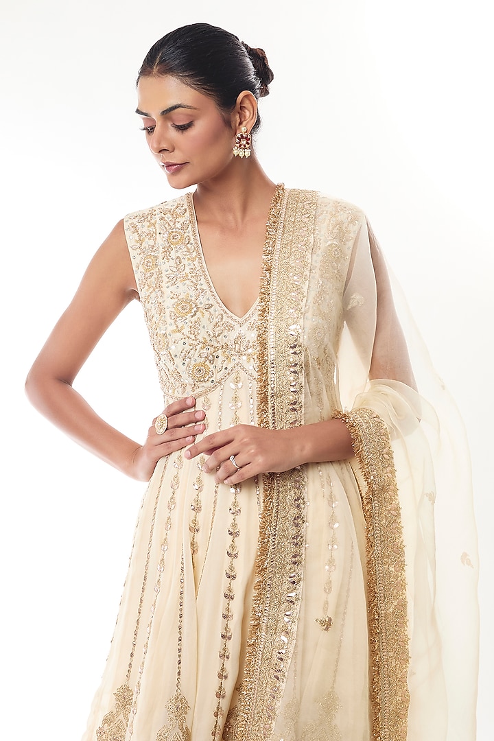 Ivory Georgette Sequin Embroidered Bridal Anarkali Set by GOPI VAID at Pernia's Pop Up Shop