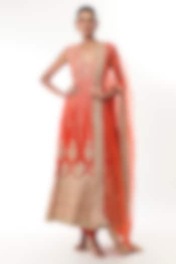 Orange Georgette Sequin Embroidered Bridal Anarkali Set by GOPI VAID at Pernia's Pop Up Shop
