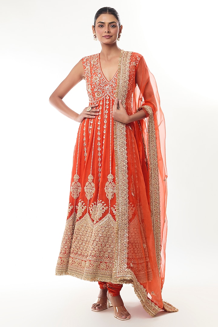 Orange Georgette Sequin Embroidered Bridal Anarkali Set by GOPI VAID at Pernia's Pop Up Shop