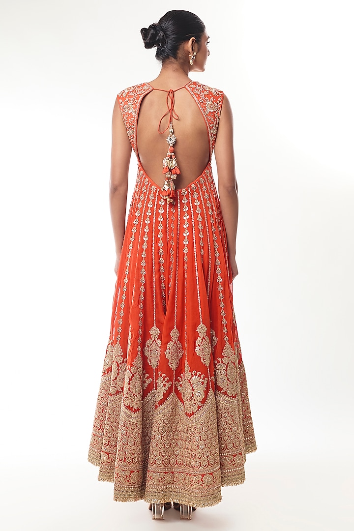 Orange Georgette Sequin Embroidered Bridal Anarkali Set by GOPI VAID at Pernia's Pop Up Shop