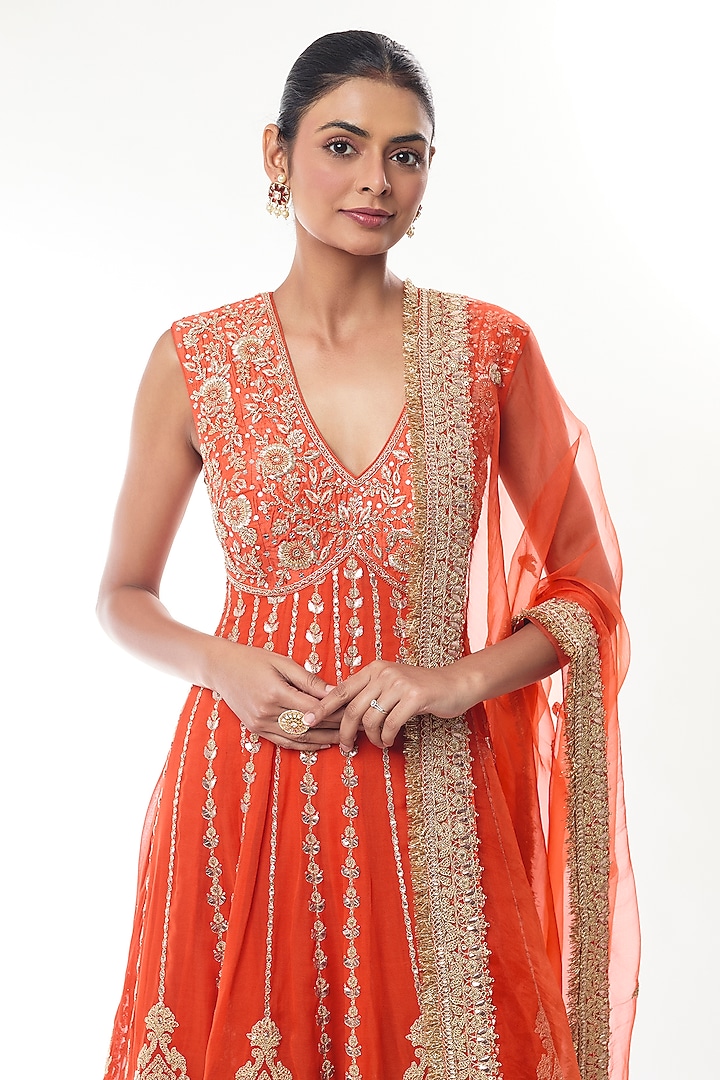 Orange Georgette Sequin Embroidered Bridal Anarkali Set by GOPI VAID at Pernia's Pop Up Shop