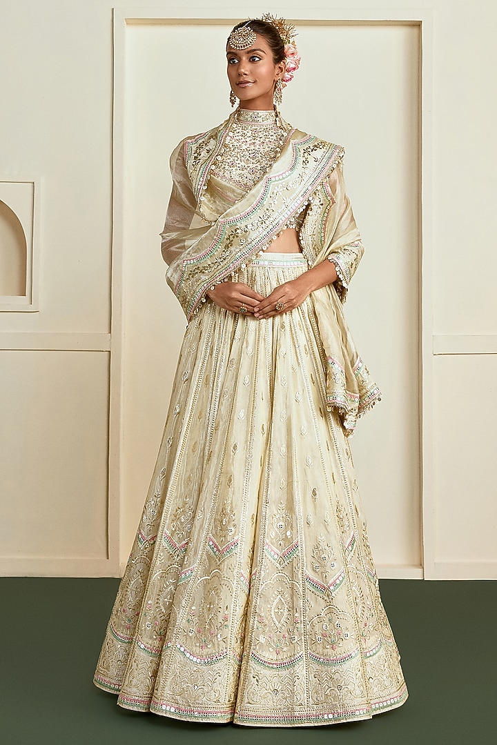Golden Tussar Mirror Embroidered Wedding Lehenga Set by Gopi Vaid at Pernia's Pop Up Shop