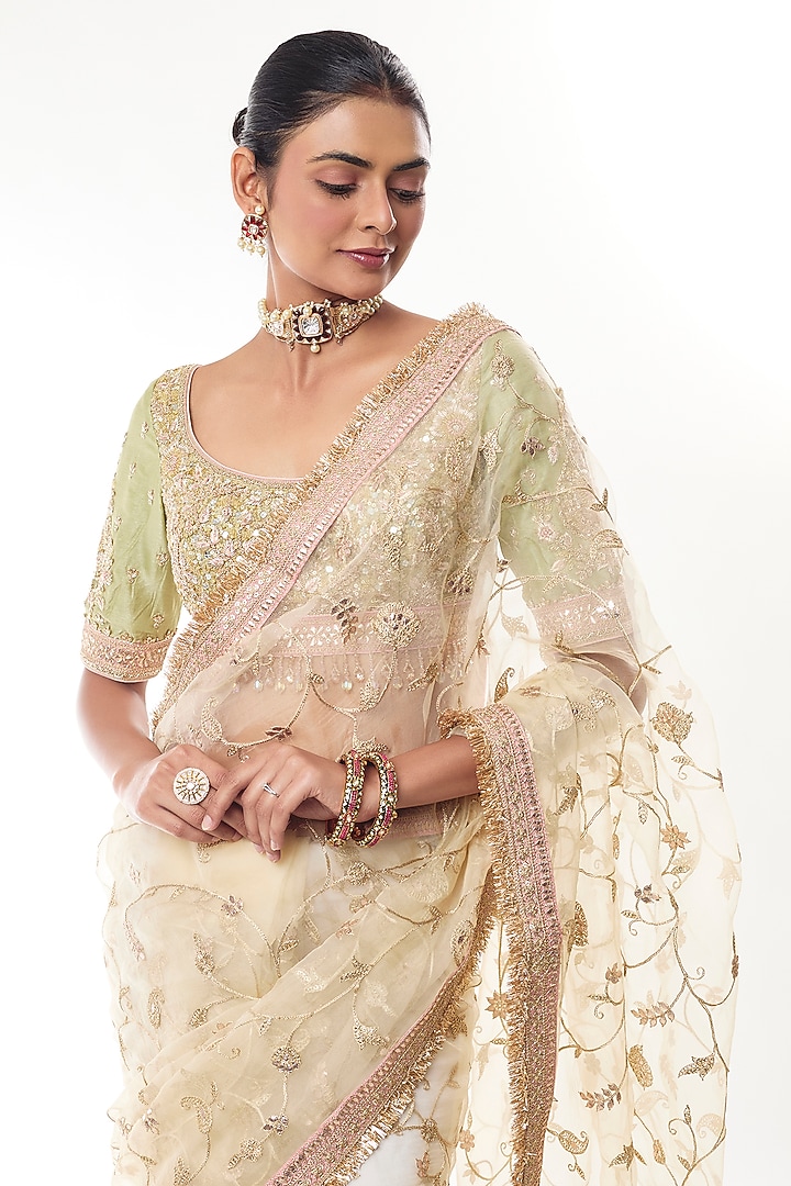 Ivory Organza Floral Embroidered Reception Saree Set by GOPI VAID at Pernia's Pop Up Shop