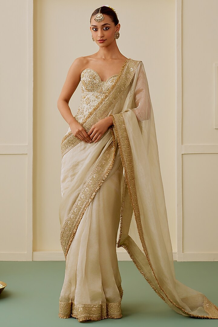 Ivory Tissue Gold Embroidered Reception Saree Set by GOPI VAID at Pernia's Pop Up Shop