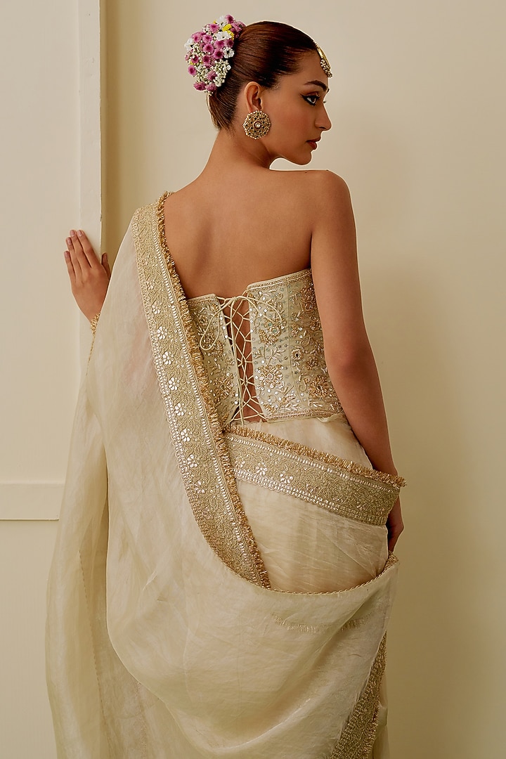 Ivory Tissue Gold Embroidered Reception Saree Set by GOPI VAID at Pernia's Pop Up Shop