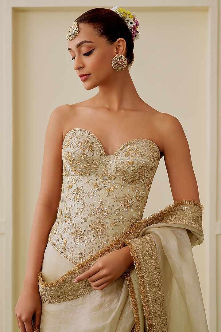 Ivory Tissue Gold Embroidered Reception Saree Set by GOPI VAID at Pernia's Pop Up Shop