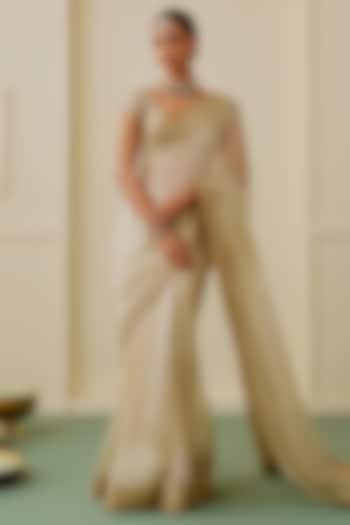 Ivory Tissue Hand Embroidered Reception Saree Set by GOPI VAID at Pernia's Pop Up Shop
