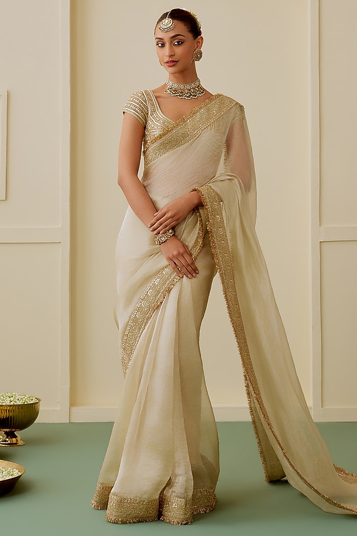 Ivory Tissue Hand Embroidered Reception Saree Set by GOPI VAID at Pernia's Pop Up Shop