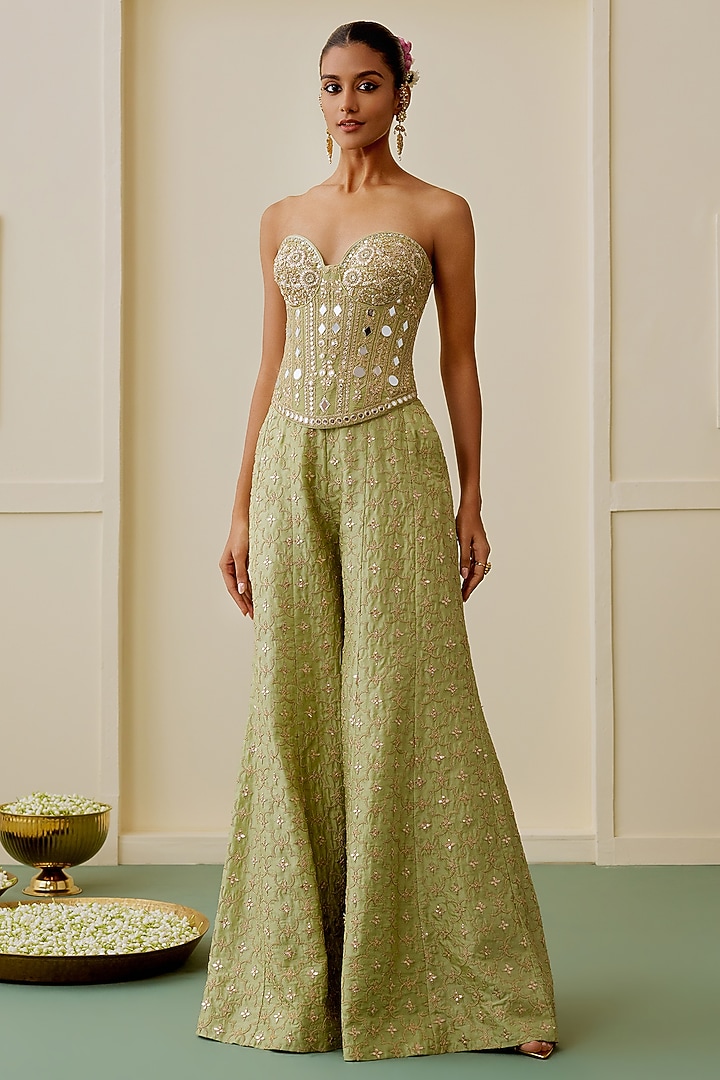 Pista Green Tussar Wide-Legged Pant Set by GOPI VAID at Pernia's Pop Up Shop