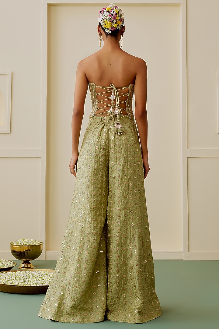 Pista Green Tussar Wide-Legged Pant Set by GOPI VAID at Pernia's Pop Up Shop