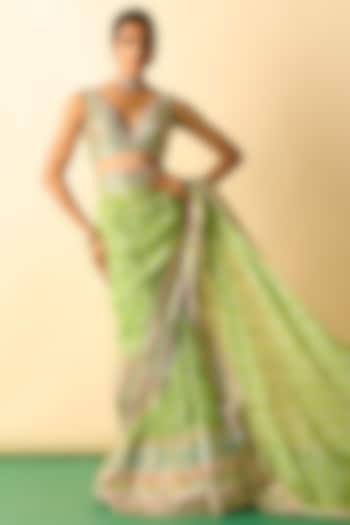 Lime Green Georgette Block Printed Skirt Wedding Saree Set by GOPI VAID at Pernia's Pop Up Shop