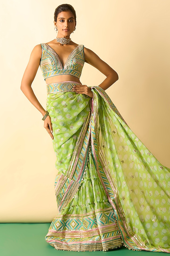Lime Green Georgette Block Printed Skirt Wedding Saree Set by GOPI VAID at Pernia's Pop Up Shop