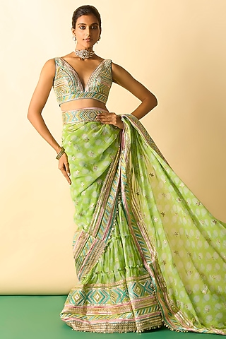 Lime Green Georgette Block Printed Skirt Saree Set by GOPI VAID