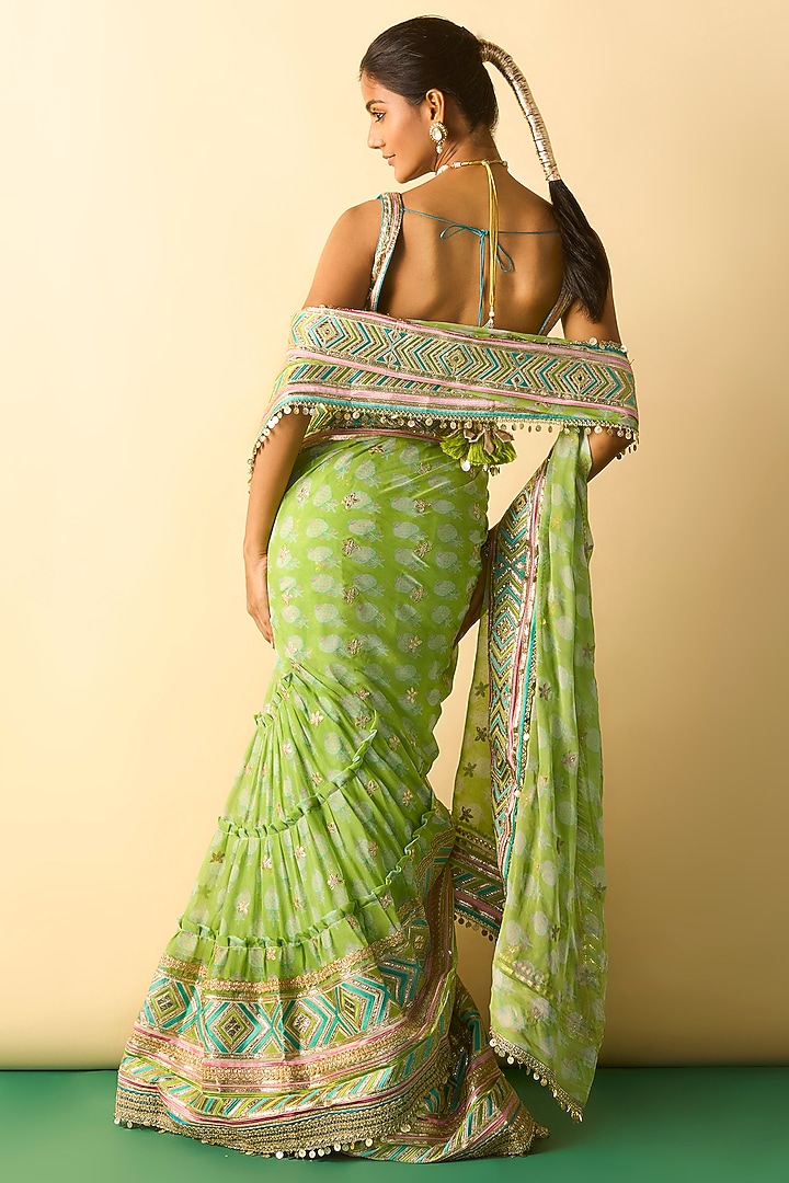 Lime Green Georgette Block Printed Skirt Wedding Saree Set by GOPI VAID at Pernia's Pop Up Shop