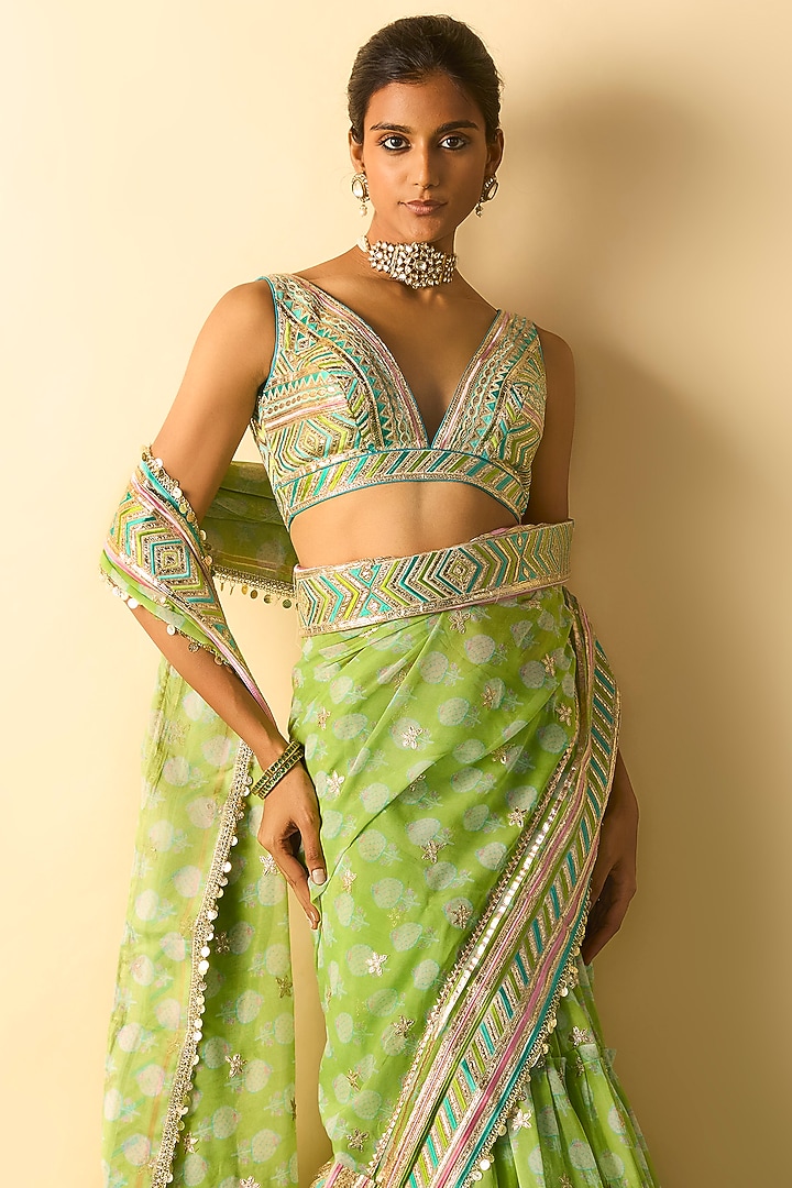 Lime Green Georgette Block Printed Skirt Wedding Saree Set by GOPI VAID at Pernia's Pop Up Shop
