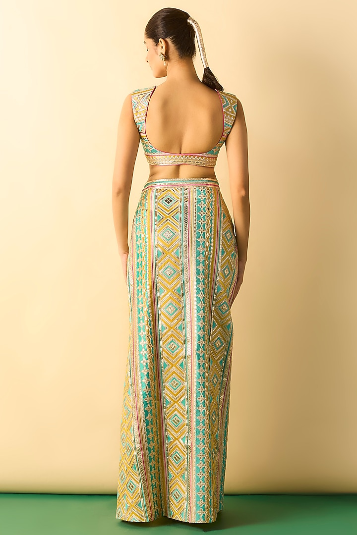 Aqua Cotton Silk Geometric Printed Slit Skirt Set by GOPI VAID at Pernia's Pop Up Shop